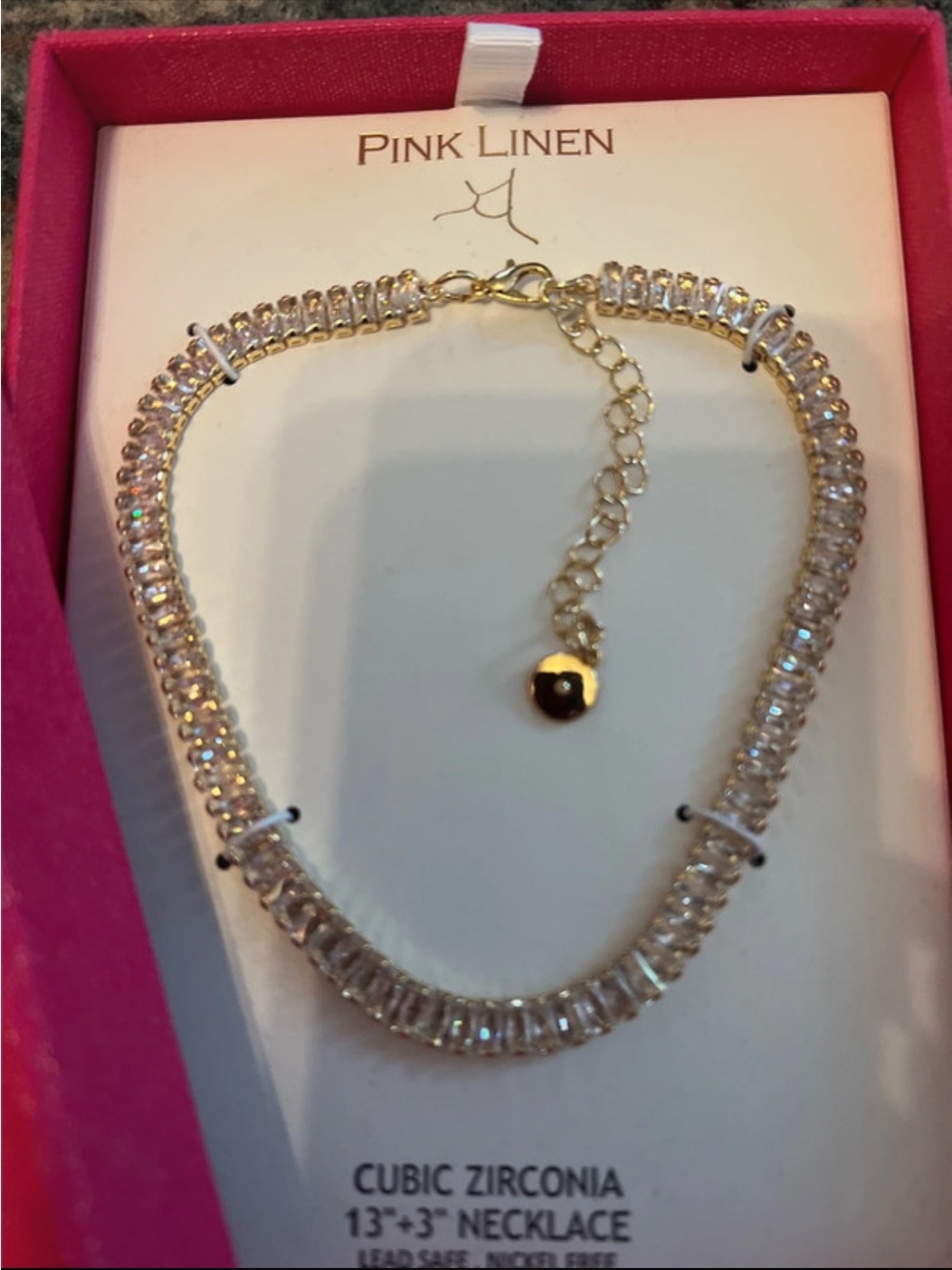 Pink Linen Gold Cubic Zirconia Necklace - Clear Stones
